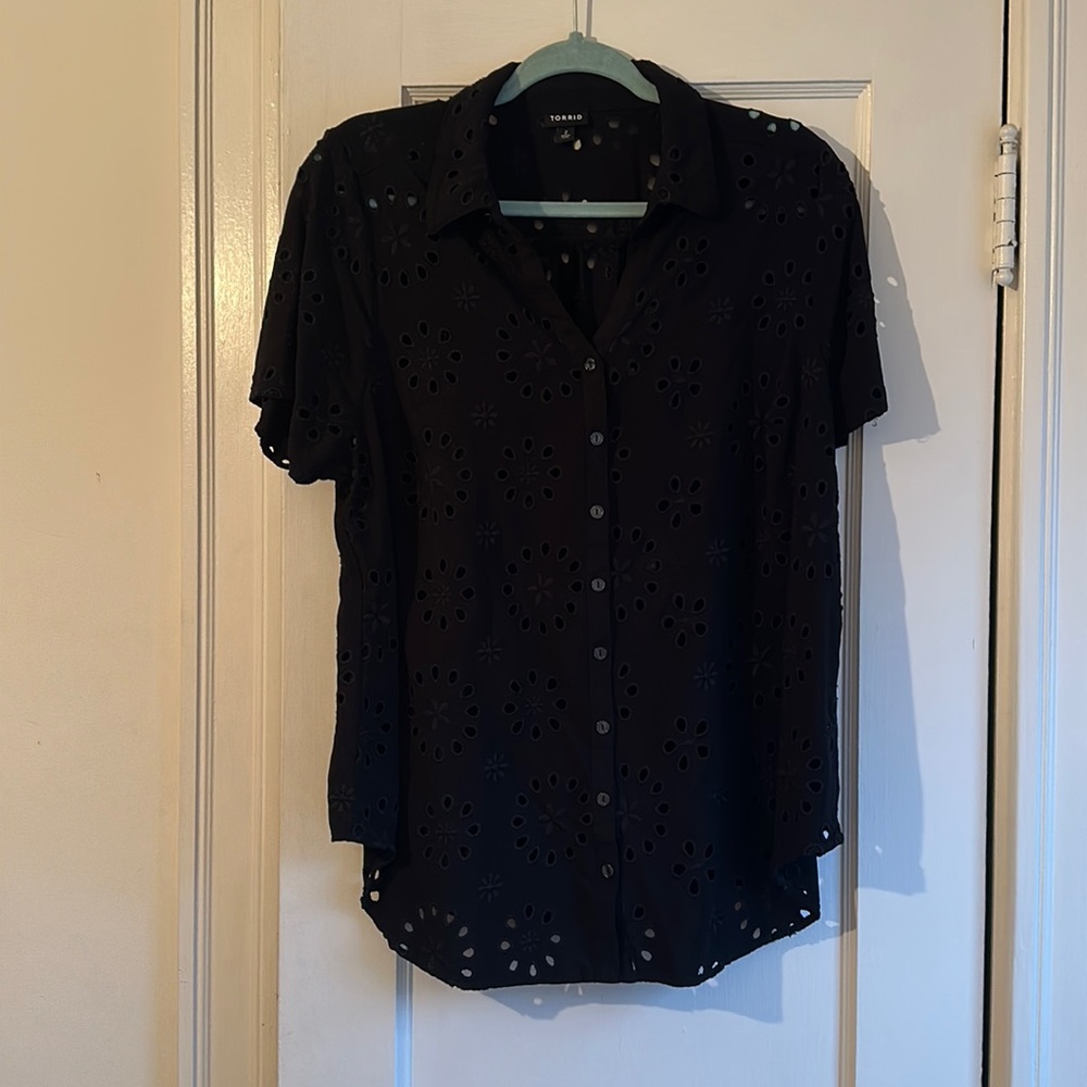 Black Button Down Collared Cutout Blouse - image 2